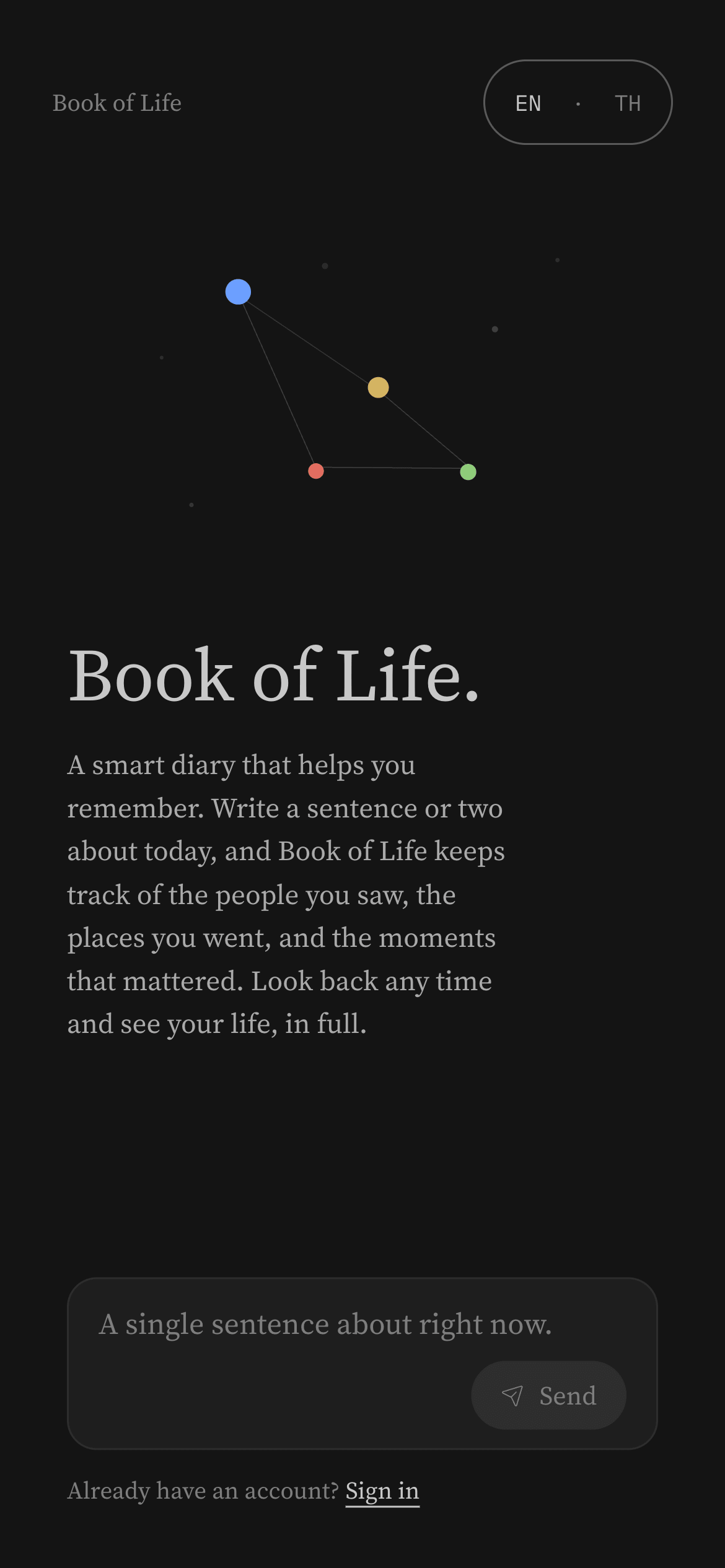 Book of Life welcome screen, a smart diary that helps you remember