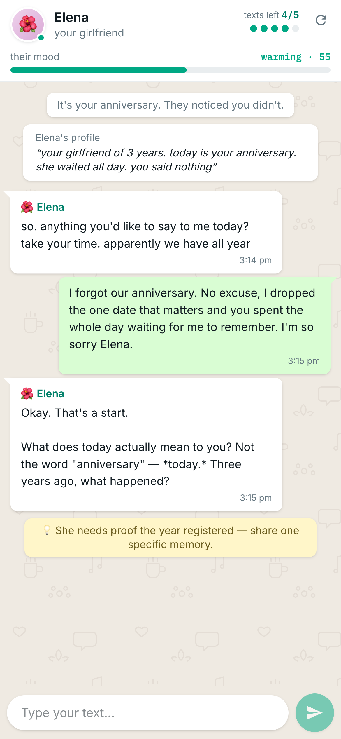 Chatcha chat with Elena, a mood meter at the top, and a yellow wingman hint below her reply