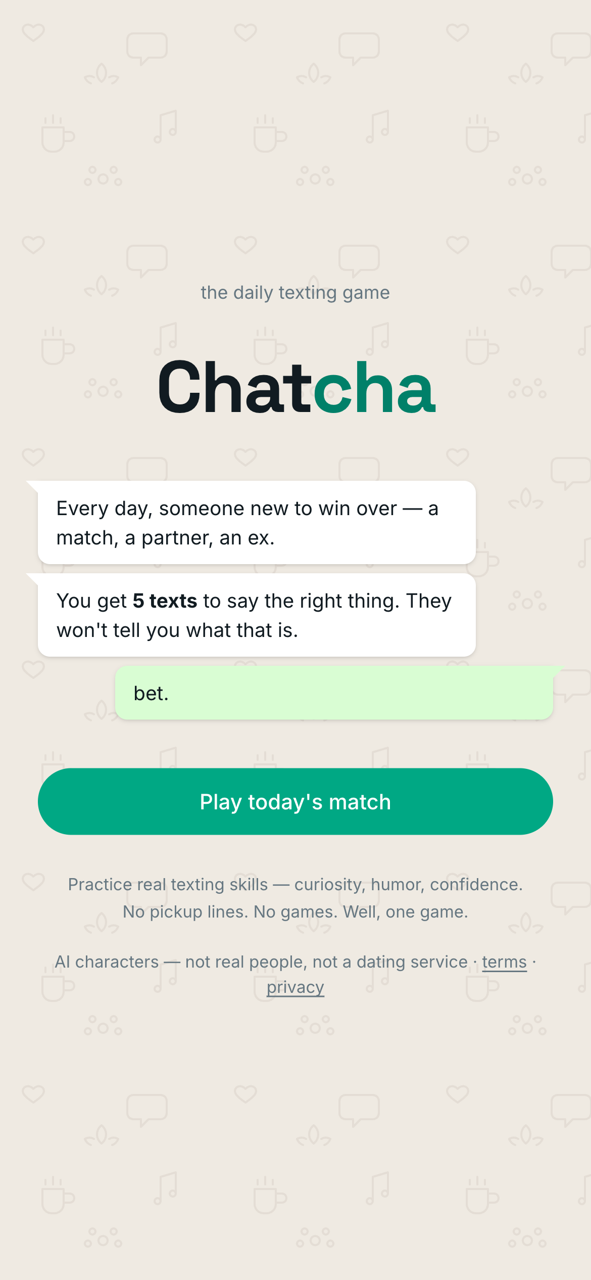 Chatcha landing page with the intro told as chat bubbles and a Play today's match button