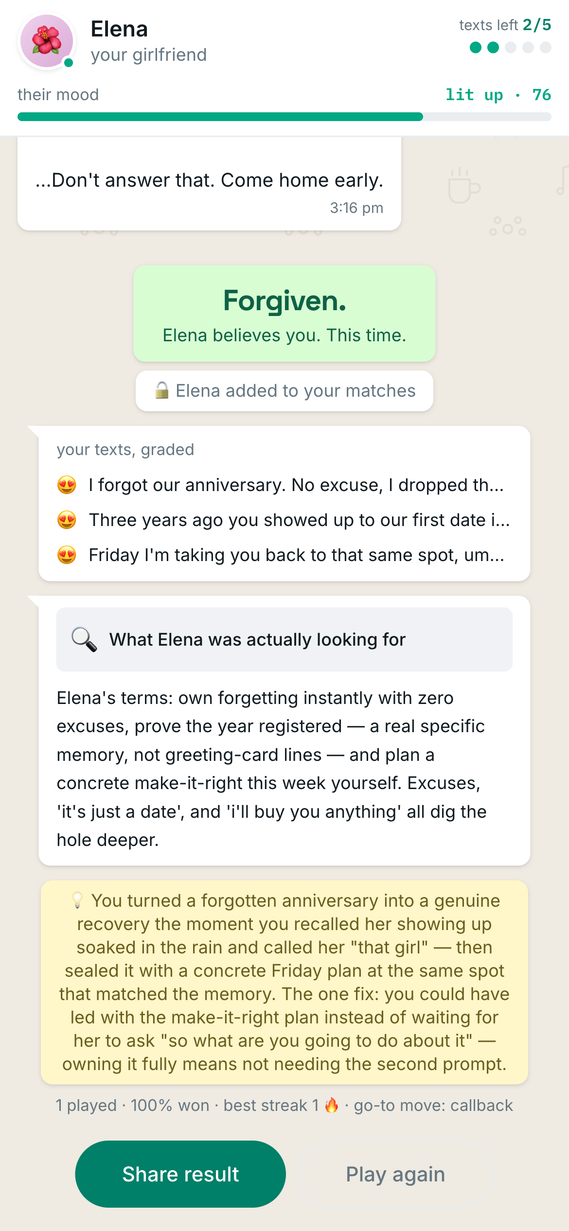Chatcha end screen showing the Forgiven verdict, graded texts, what Elena was actually looking for, and the debrief