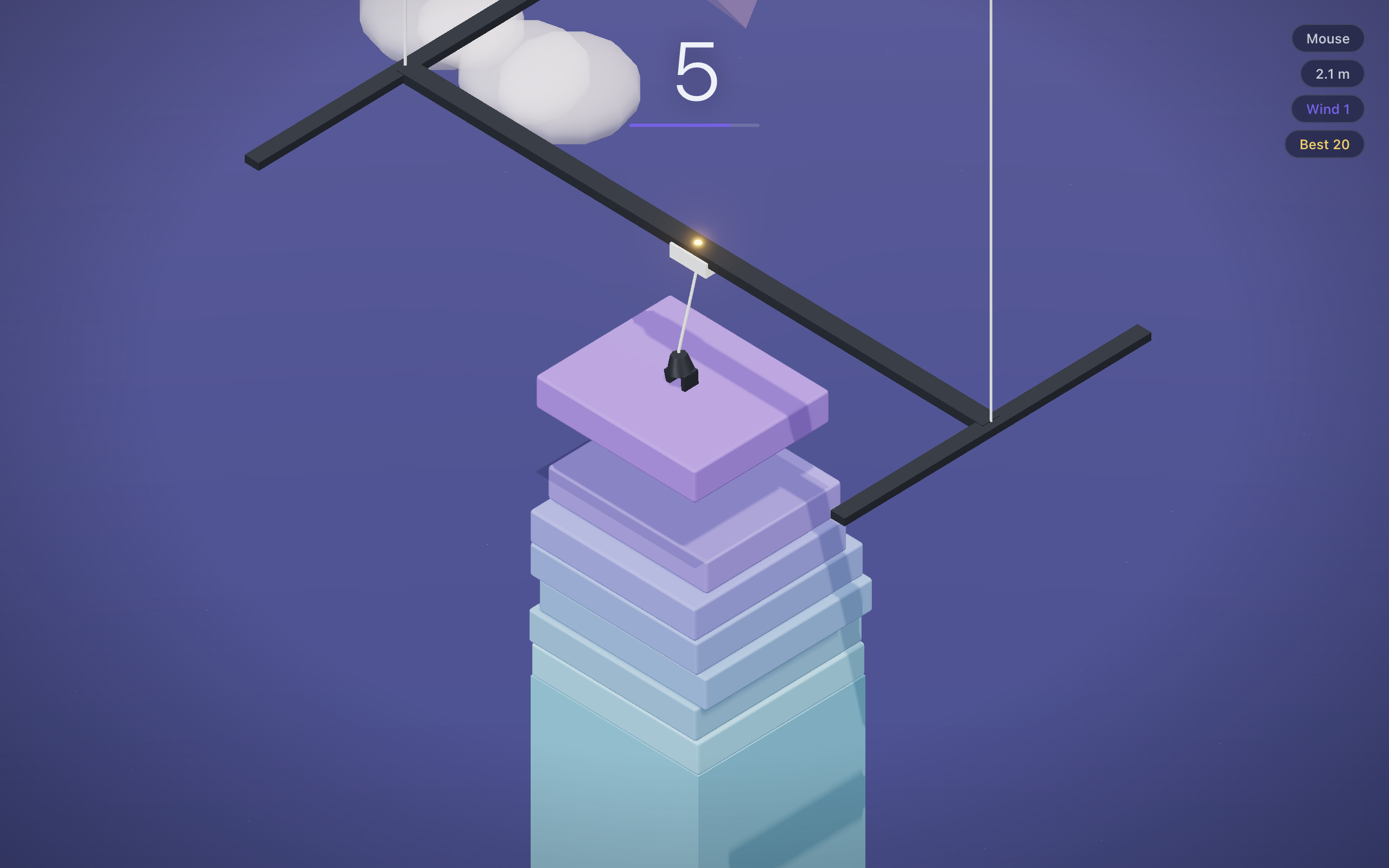 Claw Tower mid game, a lavender slab hanging from the crane above a teal to violet tower