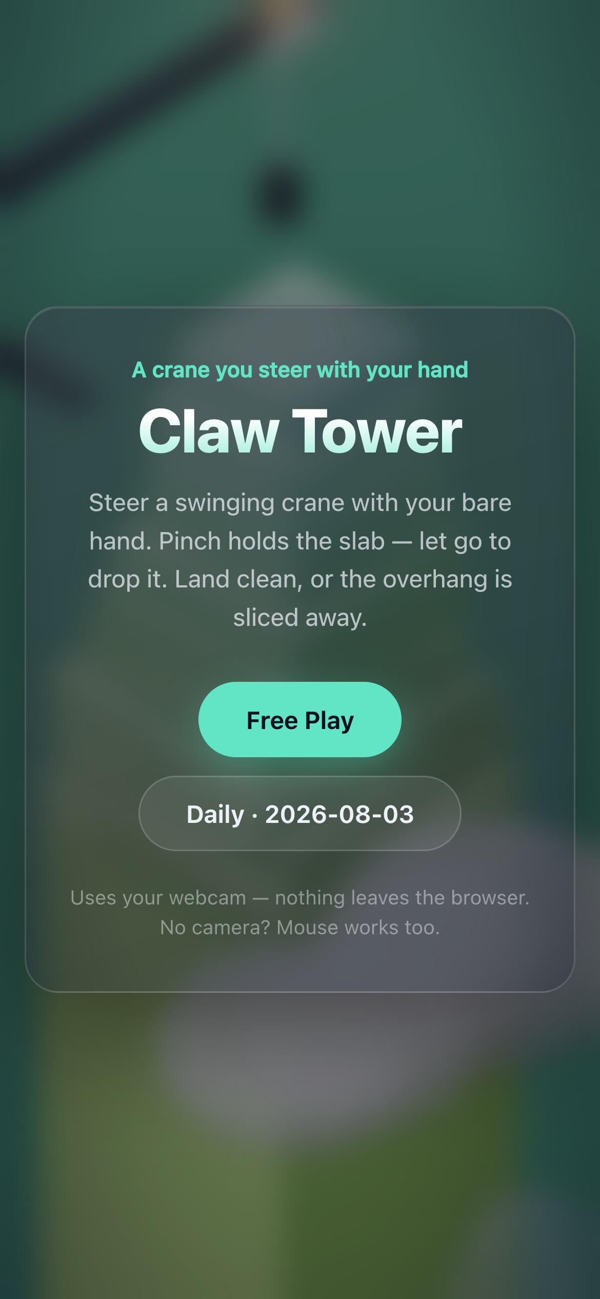 Claw Tower start screen on mobile with the demo tower behind glass