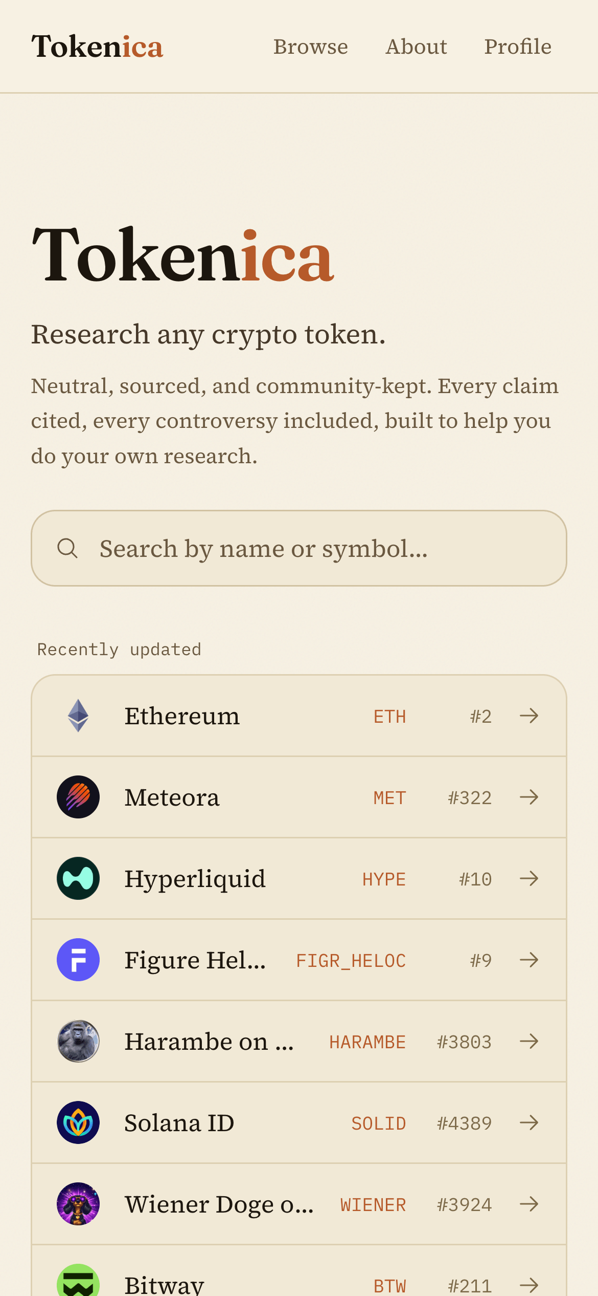 Tokenica homepage with recently updated and notable tokens