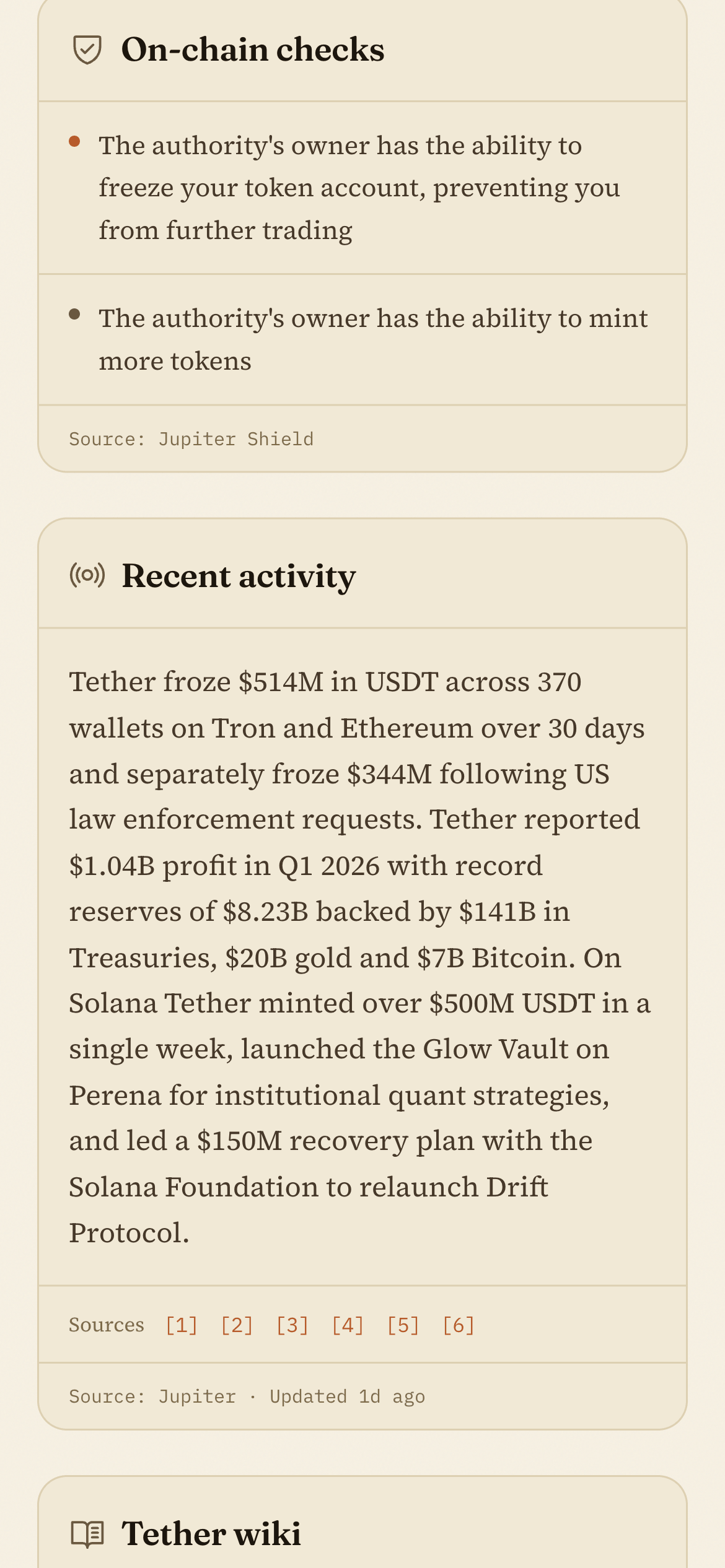 On-chain checks for USDT showing freeze authority and mint authority, plus recent activity